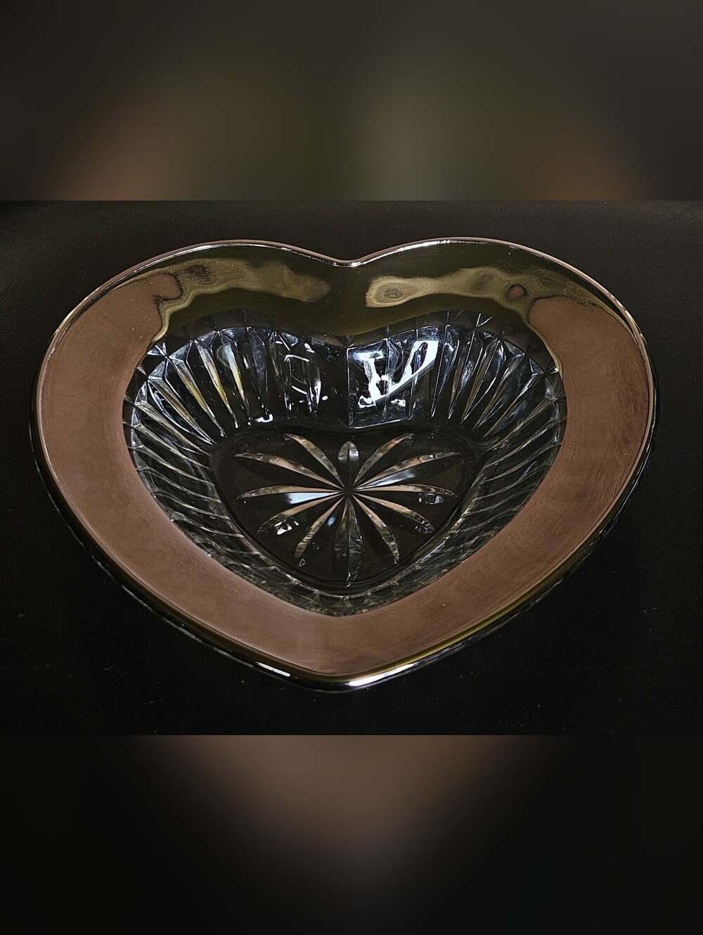 Mikasa "Desire Platinum" Heart-Shaped Glass Dish w Crystal Pattern